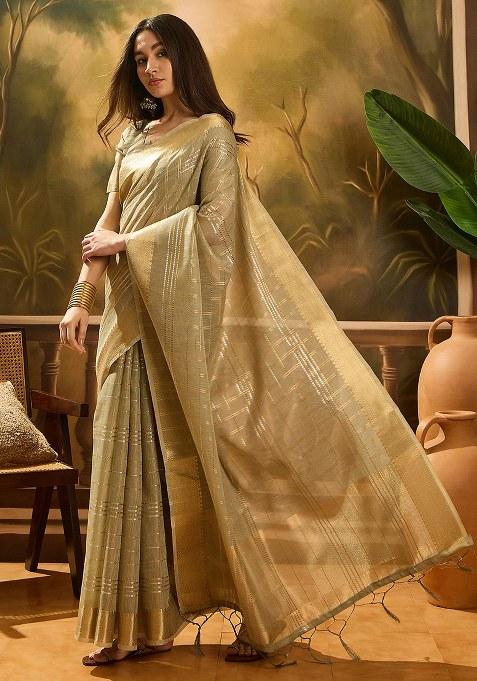 Green Embroidered Oragnza Saree Set