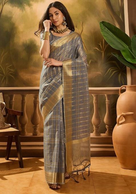 Grey Embroidered Oragnza Saree Set