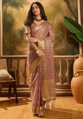 Pink Embroidered Oragnza Saree Set