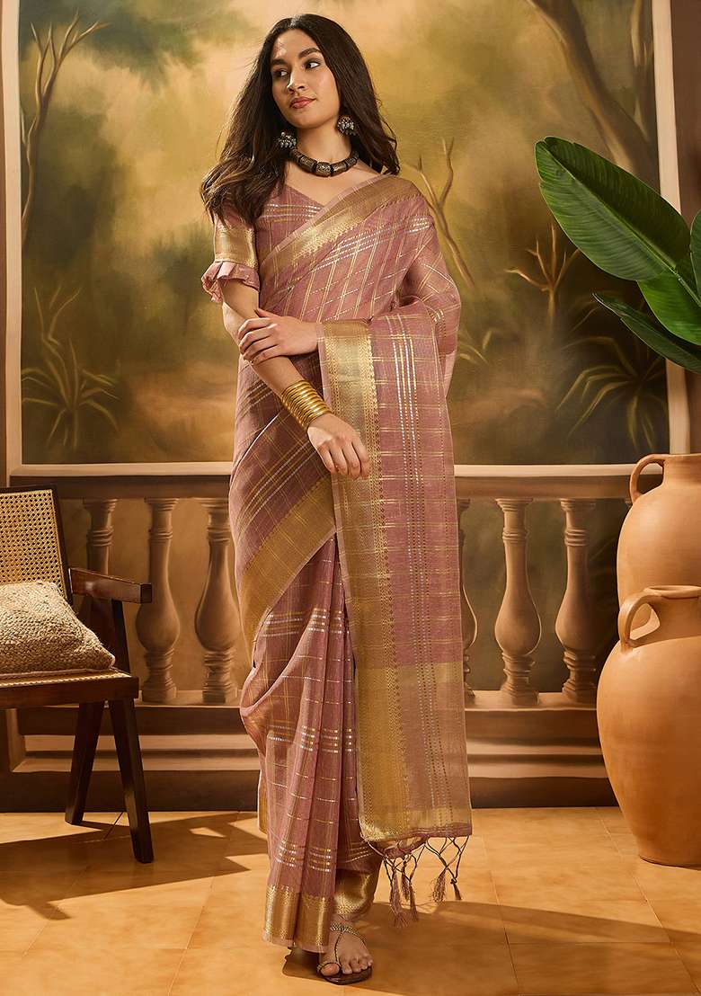 Pink Embroidered Oragnza Saree Set - Indya