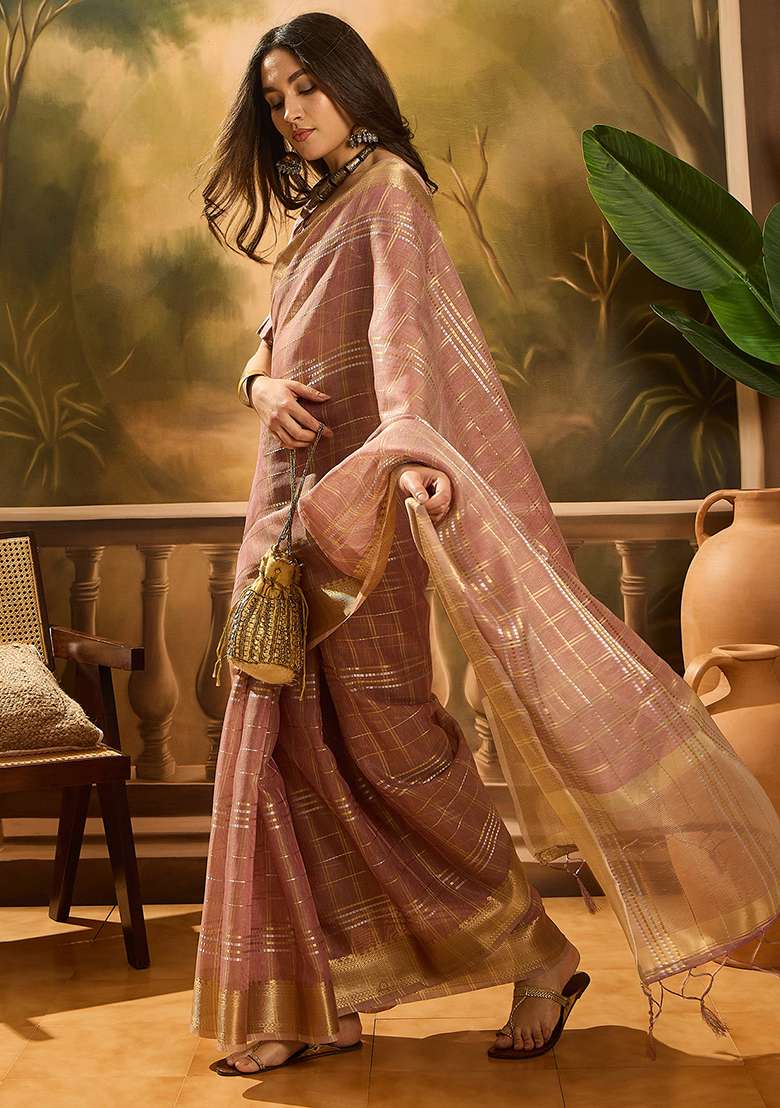 Pink Embroidered Oragnza Saree Set - Indya