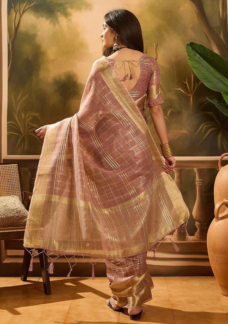 Pink Embroidered Oragnza Saree Set - Indya