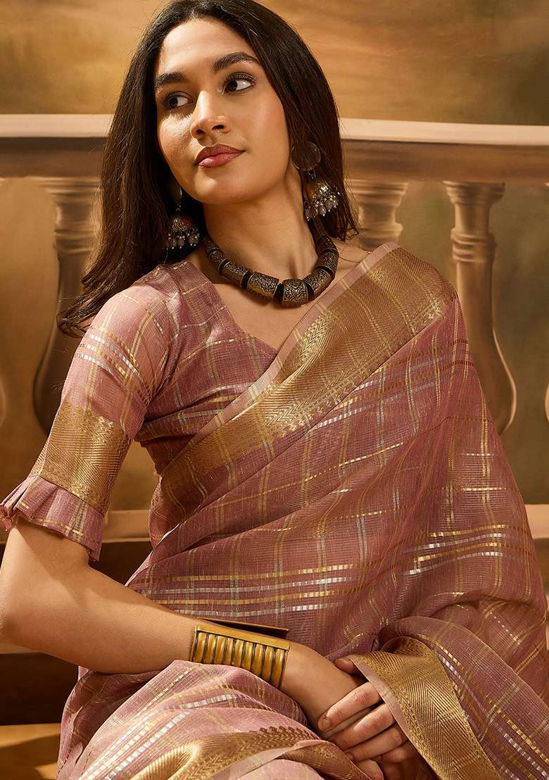 Pink Embroidered Oragnza Saree Set - Indya