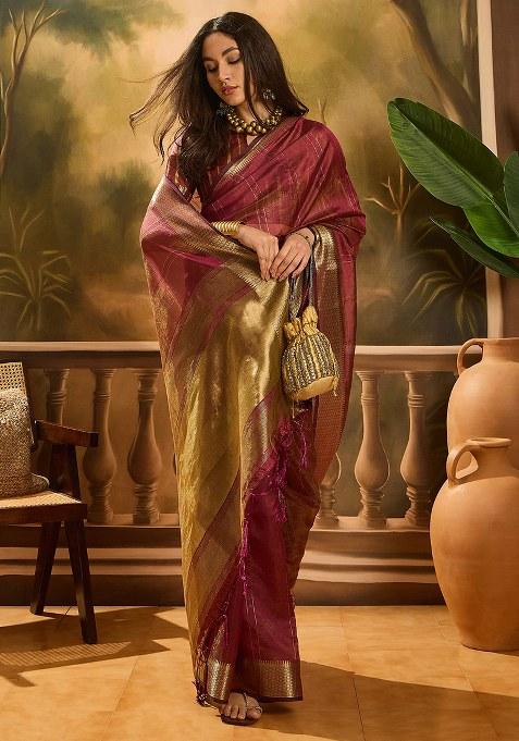 Burgundy Embroidered Oragnza Saree Set