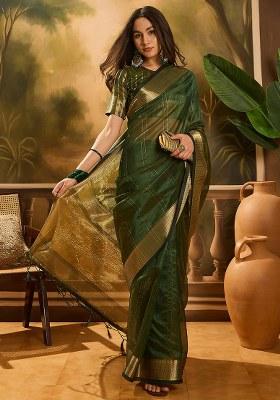 Green Embroidered Oragnza Saree Set