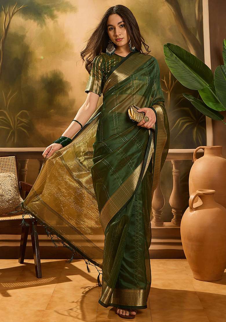 Green Embroidered Oragnza Saree Set - Indya