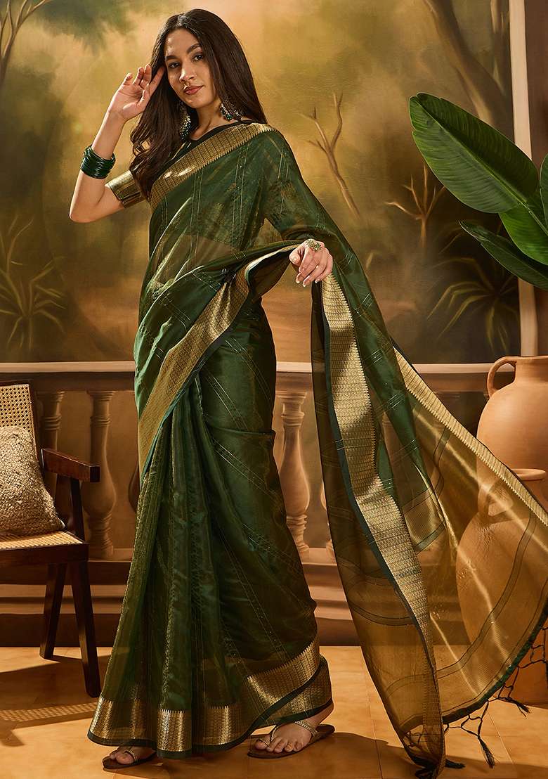 Green Embroidered Oragnza Saree Set - Indya