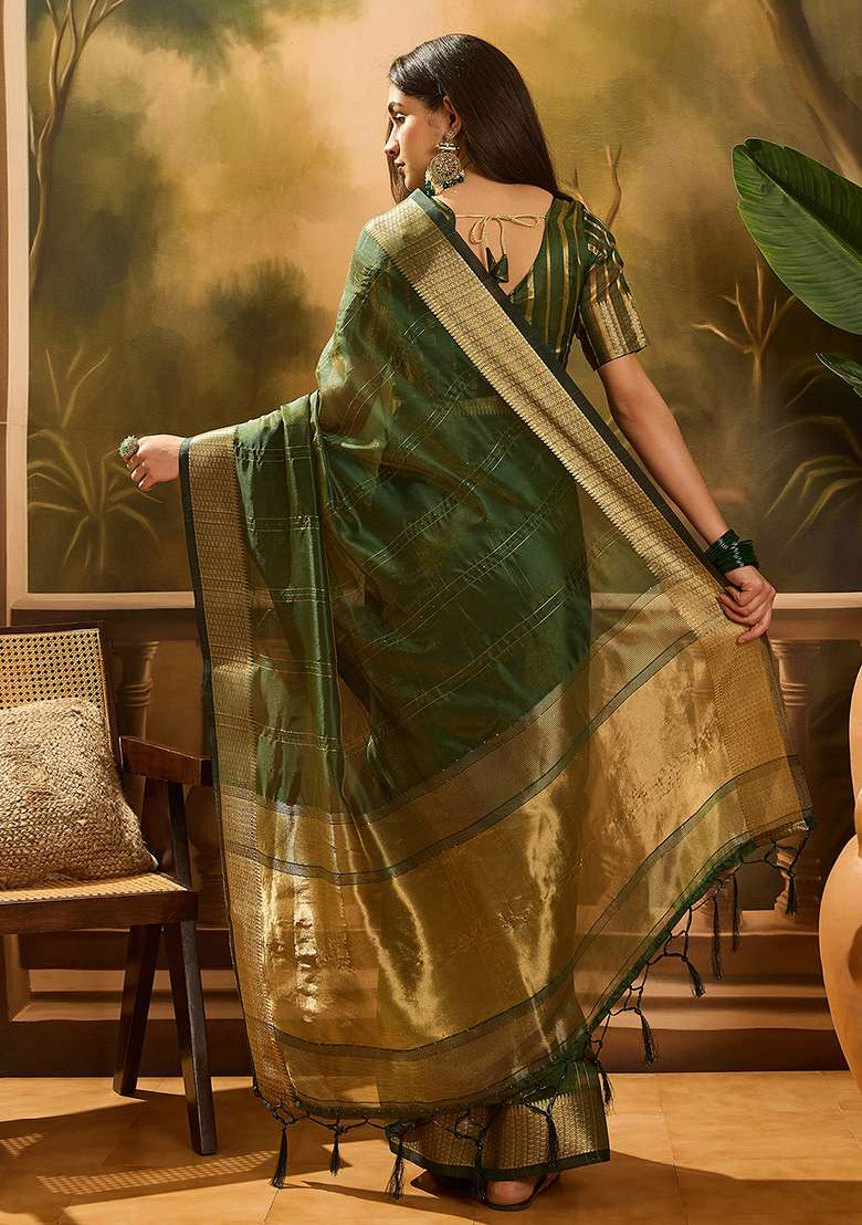 Green Embroidered Oragnza Saree Set - Indya