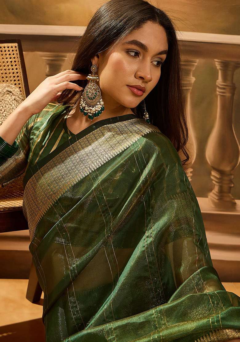 Green Embroidered Oragnza Saree Set - Indya