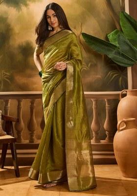Olive Embroidered Oragnza Saree Set