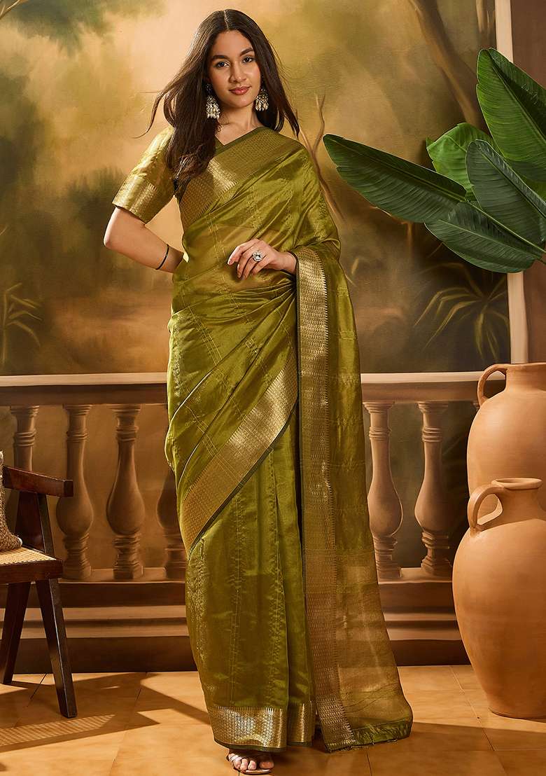 Olive Embroidered Oragnza Saree Set for Diwali and Festive Wear - Indya