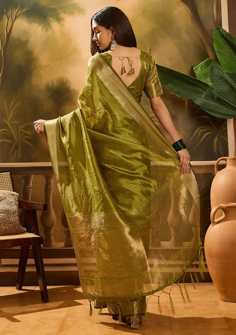 Olive Embroidered Oragnza Saree Set for Diwali and Festive Wear - Indya