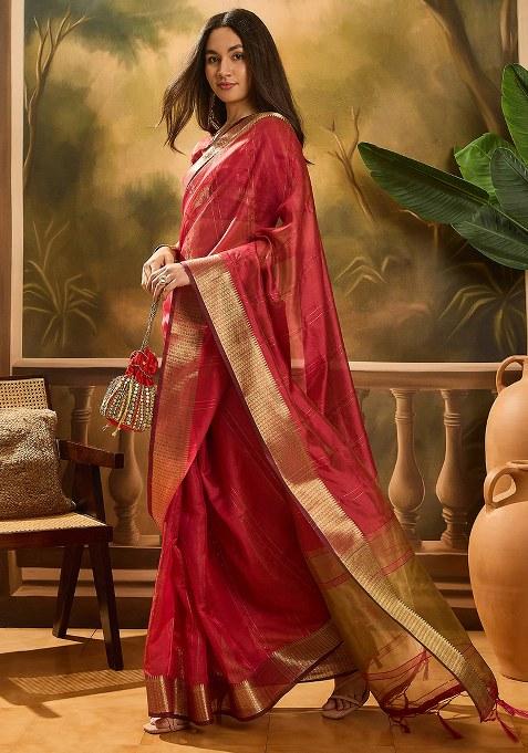 Pink Embroidered Oragnza Saree Set
