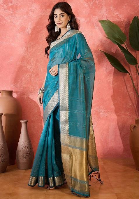 Teal Embroidered Oragnza Saree Set