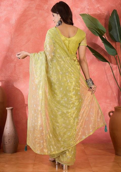 Green Embroidered Twill Net Saree Set