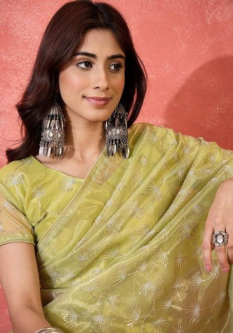 Green Embroidered Twill Net Saree Set