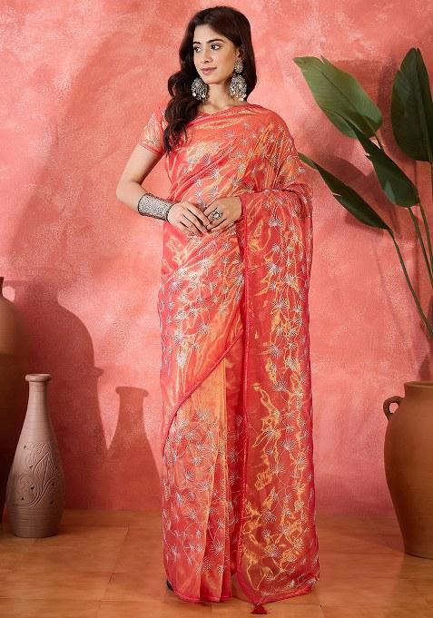 Peach Embroidered Twill Net Saree Set