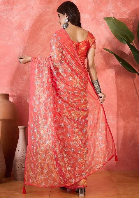 Peach Embroidered Twill Net Saree Set