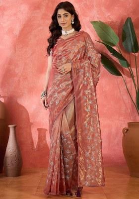 Rust Embroidered Twill Net Saree Set