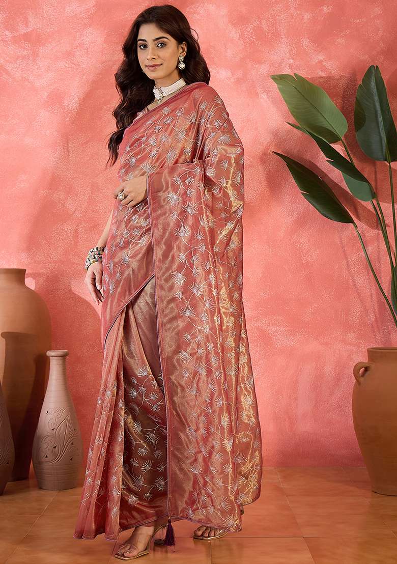 Rust Twill Net Saree Set with Embroidered for Diwali | Wedding & Festive Wear - Indya
