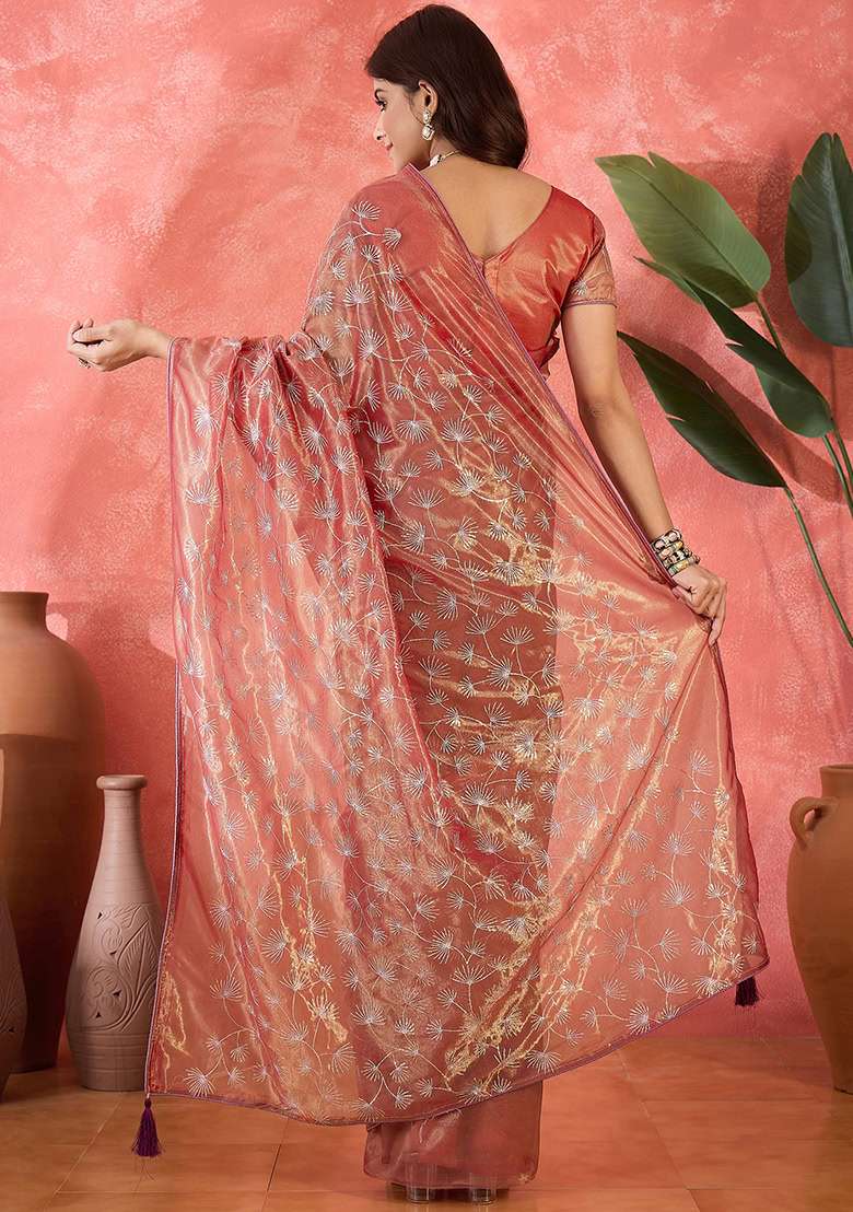 Rust Twill Net Saree Set with Embroidered for Diwali | Wedding & Festive Wear - Indya