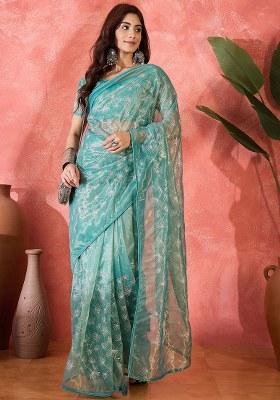 Sea Green Embroidered Twill Net Saree Set