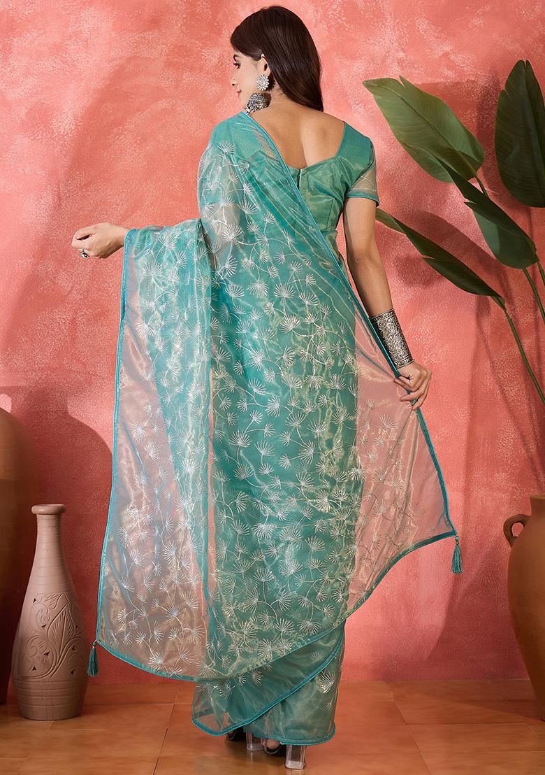 Sea Green Embroidered Twill Net Saree Set