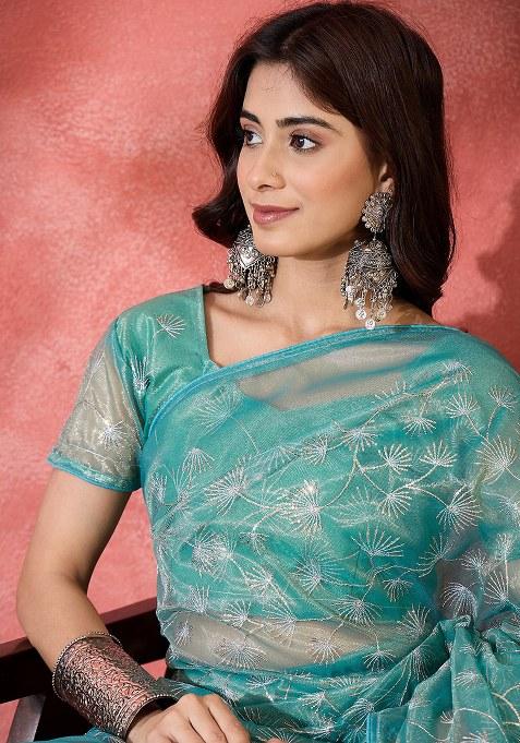 Sea Green Embroidered Twill Net Saree Set