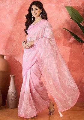Baby Pink Embroidered Twill Net Saree Set