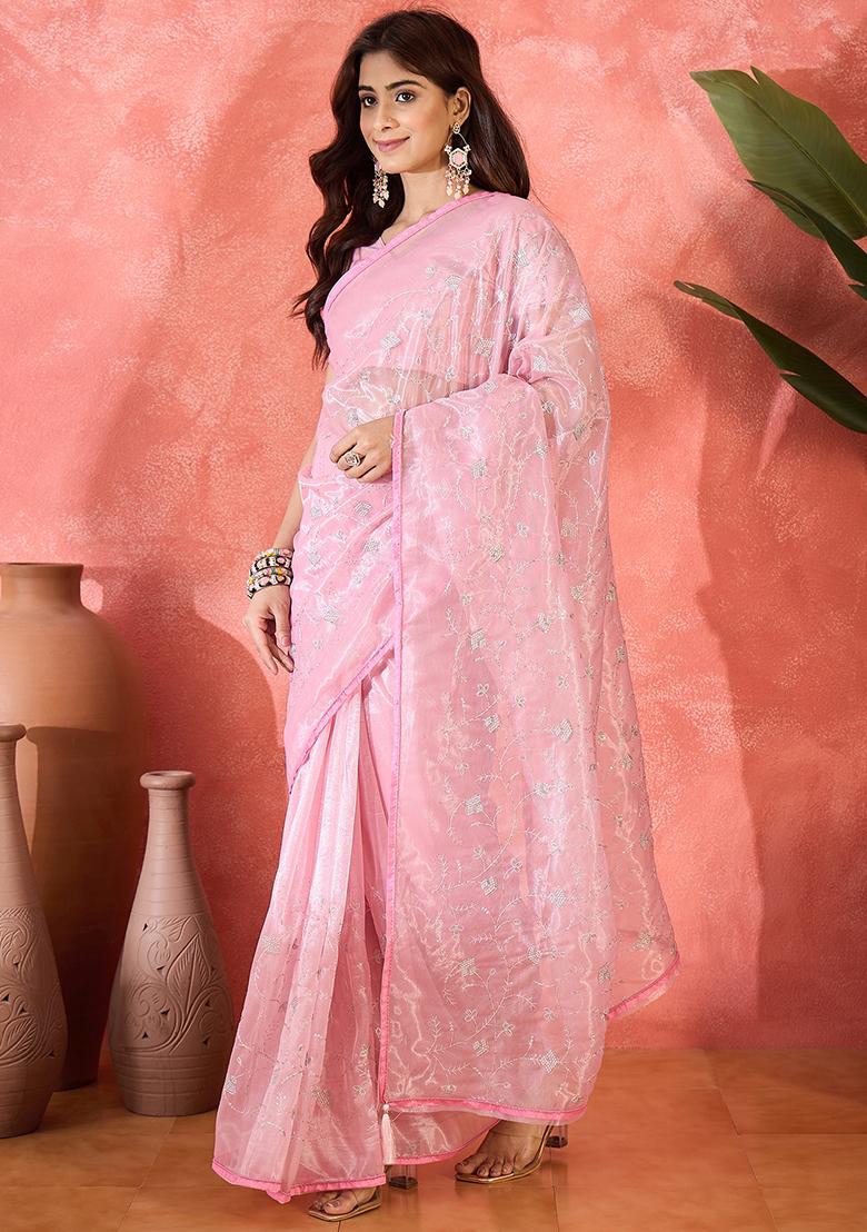 Baby Pink Embroidered Twill Net Saree Set - Indya