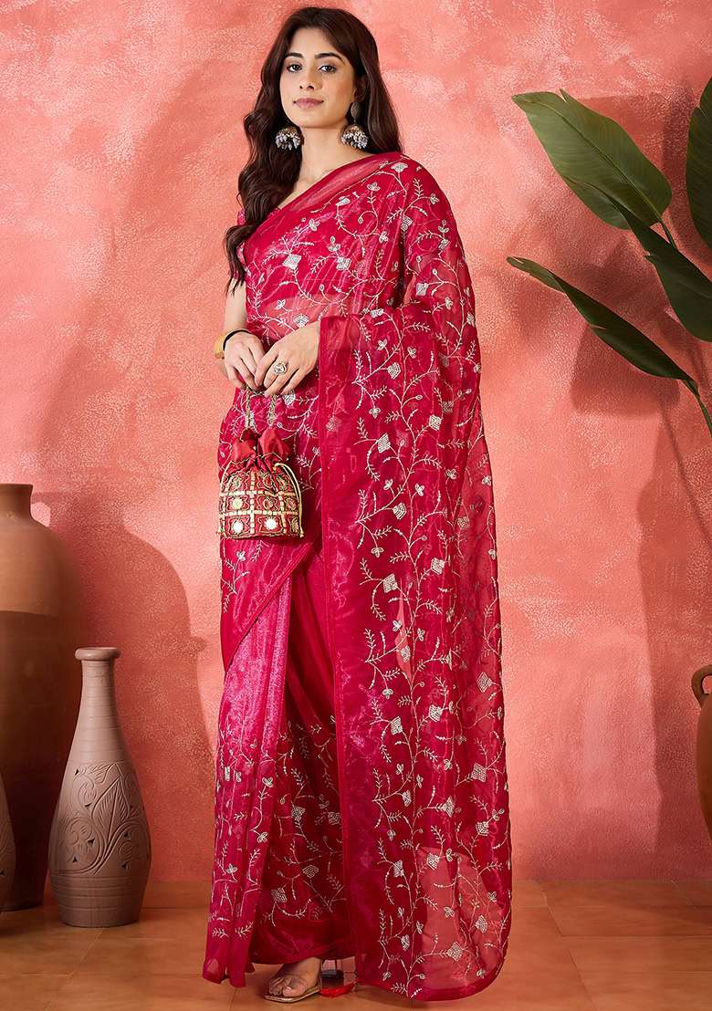 Magenta Embroidered Twill Net Saree Set - Indya