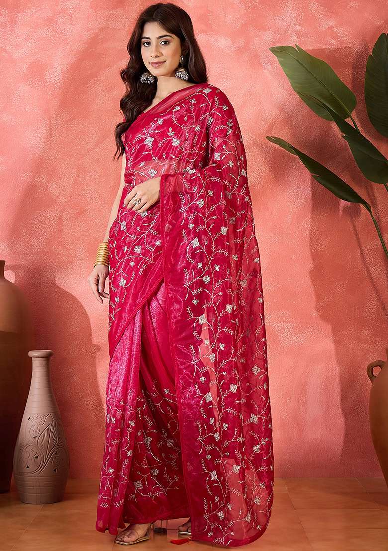 Magenta Embroidered Twill Net Saree Set - Indya
