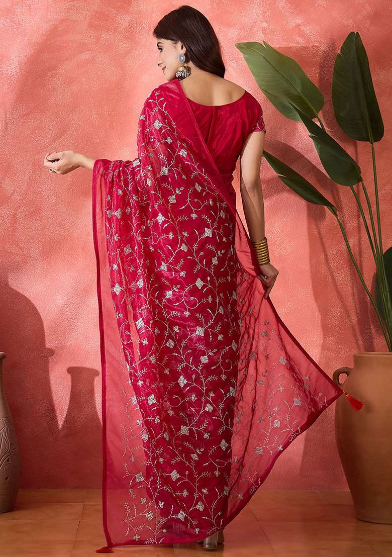 Magenta Embroidered Twill Net Saree Set - Indya