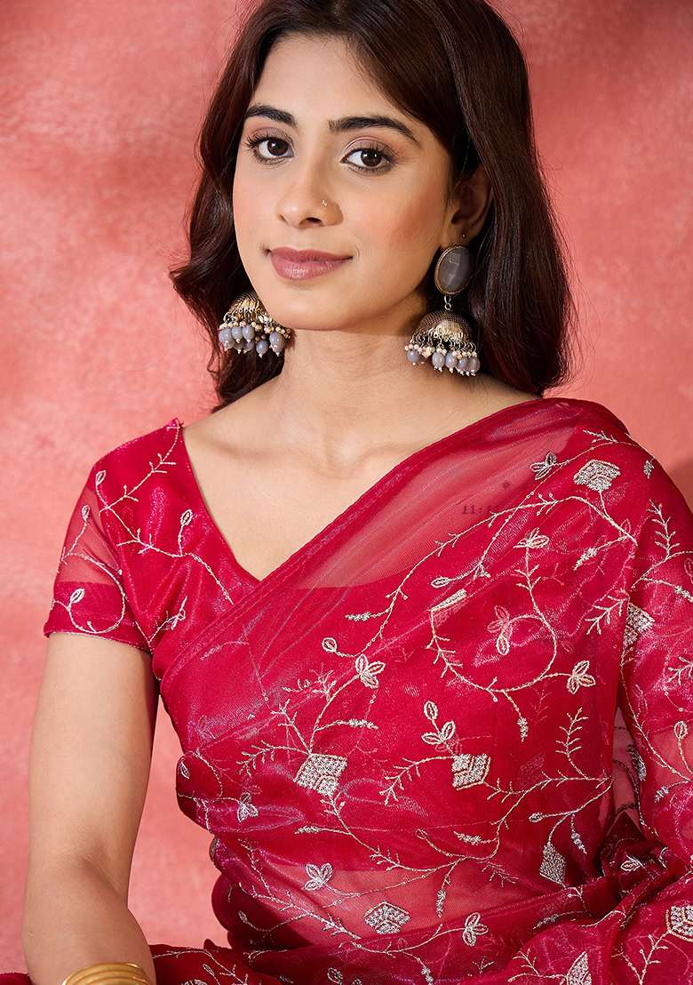 Magenta Embroidered Twill Net Saree Set - Indya