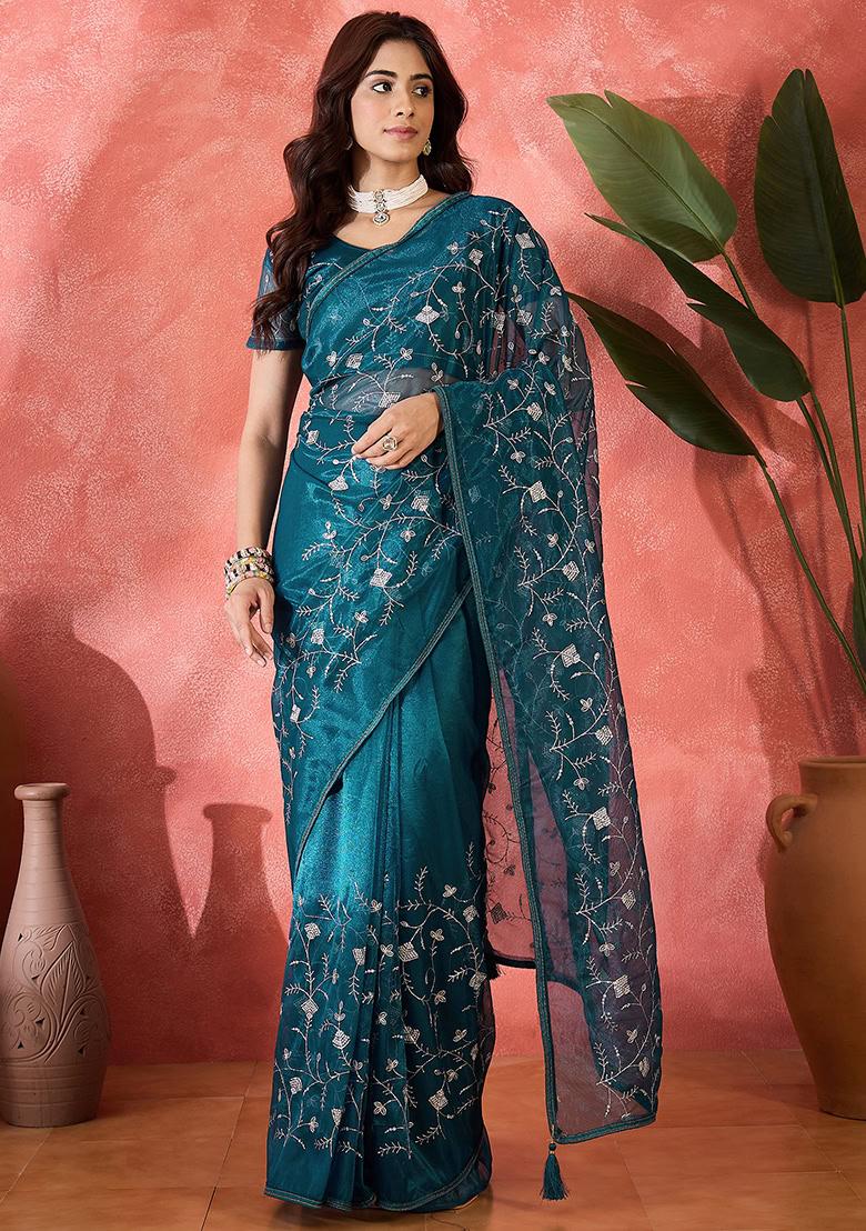 Teal Embroidered Twill Net Saree Set