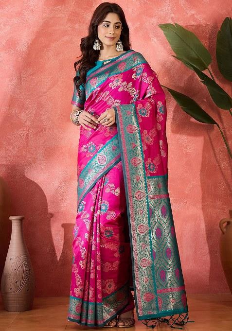Pink Embroidered Silk Saree Set