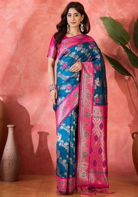 Teal Embroidered Silk Saree Set