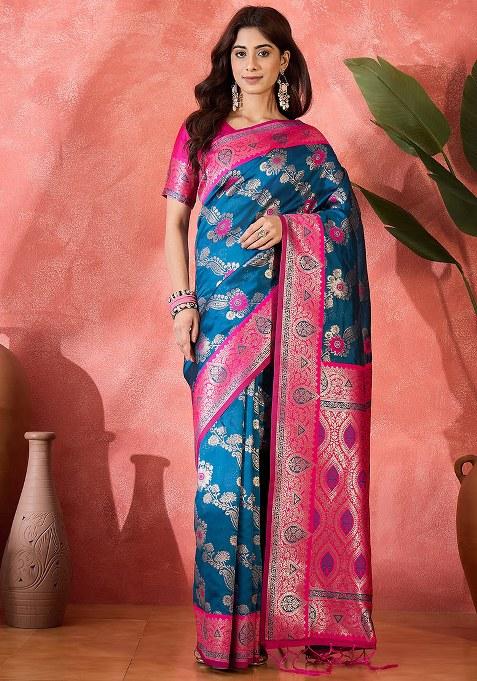 Teal Embroidered Silk Saree Set