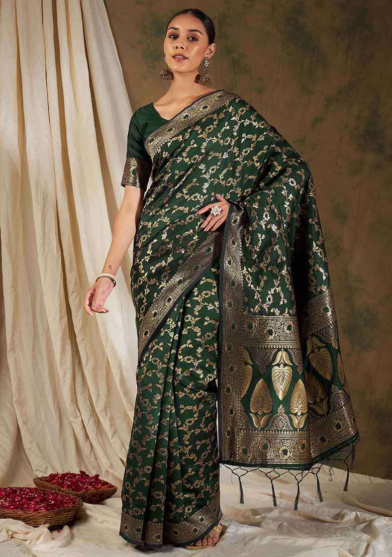 Olive Silk Blend Saree Set with Embroidered for Diwali | Wedding & Festive Wear - Indya