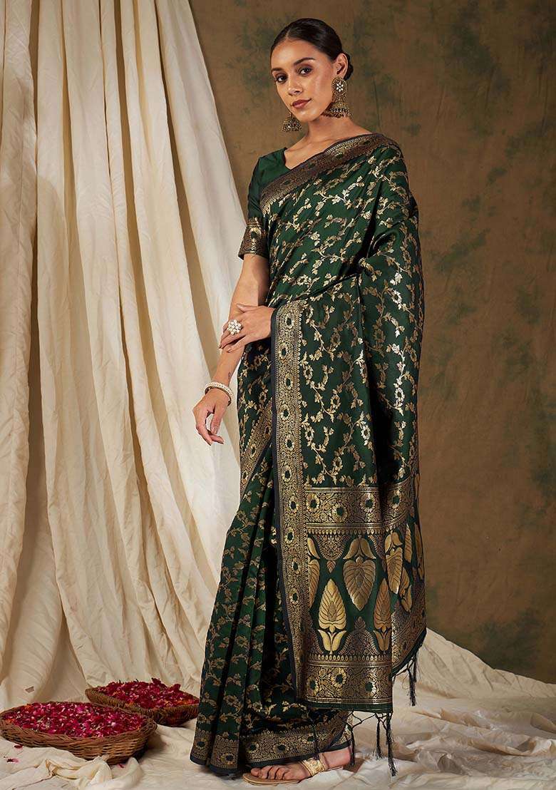 Olive Silk Blend Saree Set with Embroidered for Diwali | Wedding & Festive Wear - Indya
