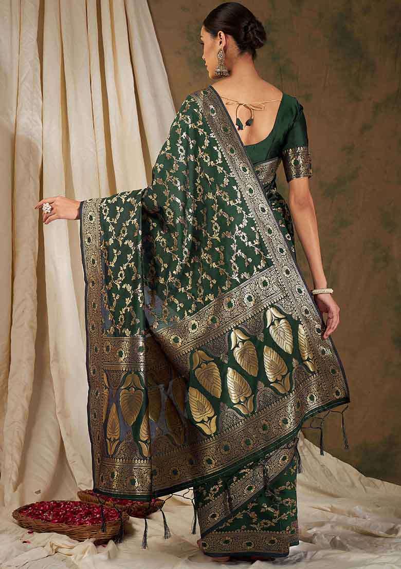 Olive Silk Blend Saree Set with Embroidered for Diwali | Wedding & Festive Wear - Indya