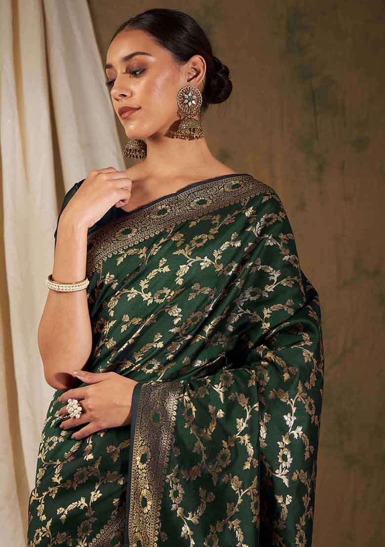 Olive Silk Blend Saree Set with Embroidered for Diwali | Wedding & Festive Wear - Indya