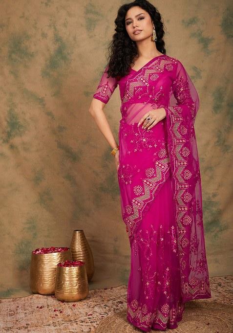 Pink Embroidered Net Saree Set