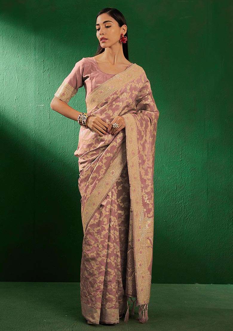 Rose Gold Embroidered Silk Blend Saree Set for Diwali and Festive Wear - Indya
