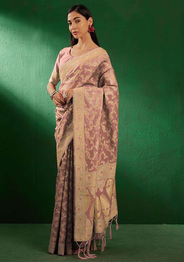 Rose Gold Embroidered Silk Blend Saree Set for Diwali and Festive Wear - Indya