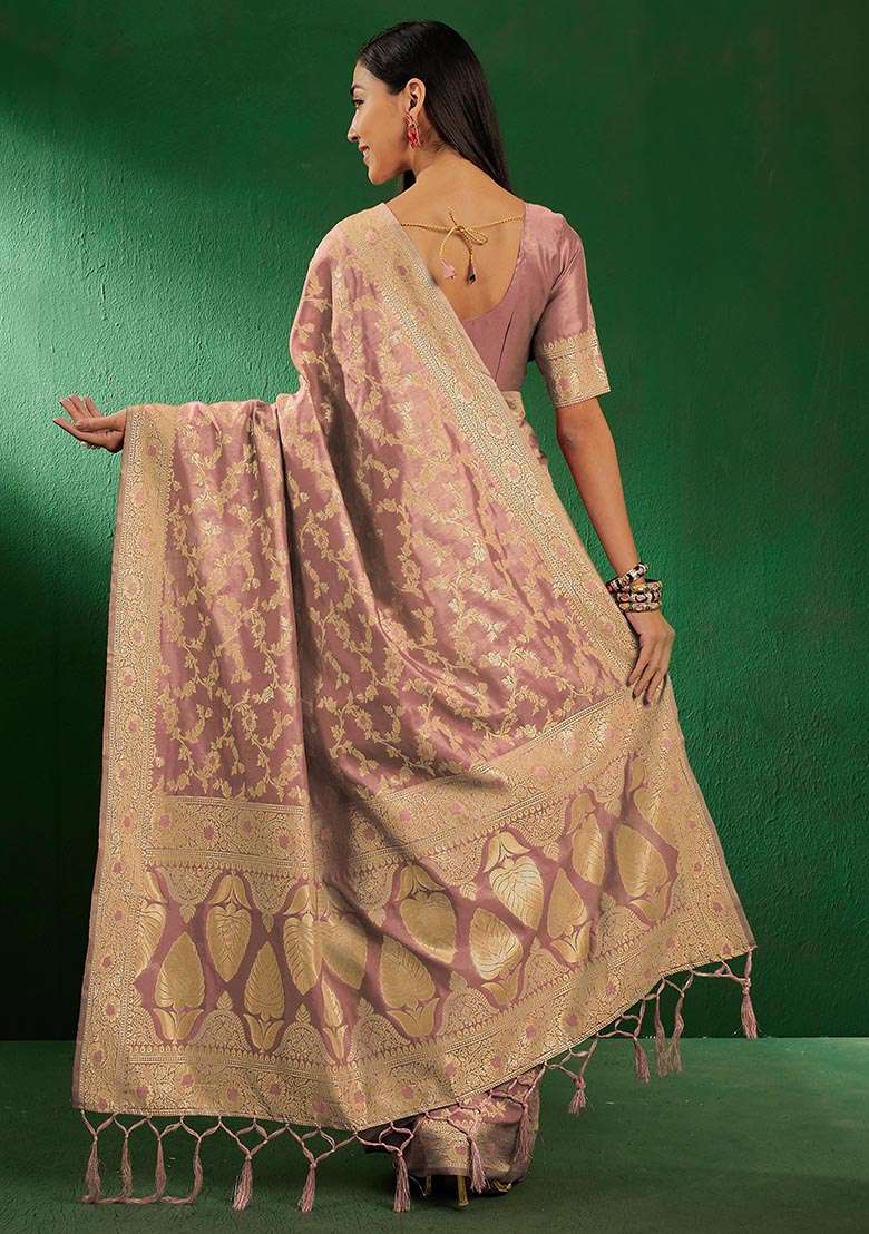 Rose Gold Embroidered Silk Blend Saree Set for Diwali and Festive Wear - Indya
