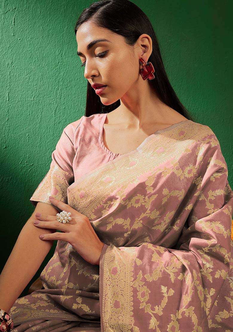 Rose Gold Embroidered Silk Blend Saree Set for Diwali and Festive Wear - Indya