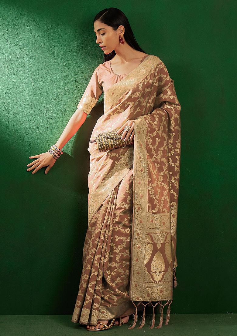 Cream Embroidered Silk Saree Set