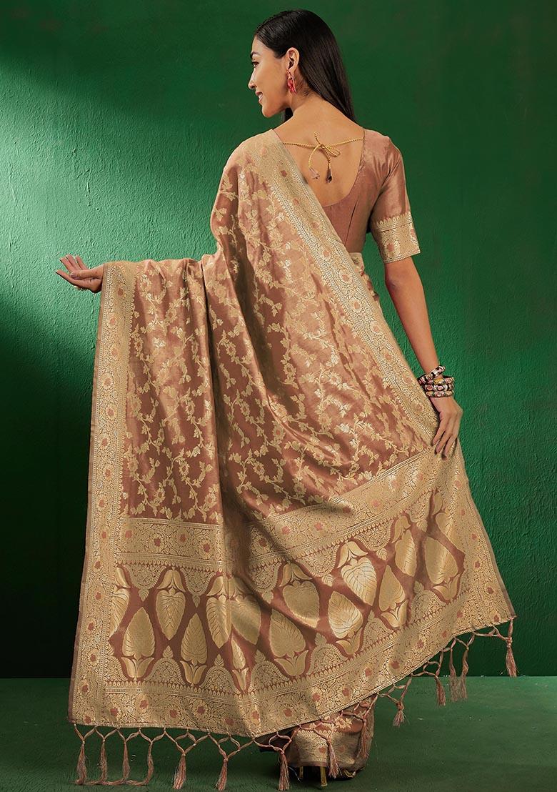 Cream Embroidered Silk Saree Set