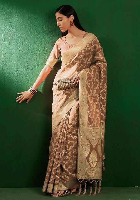 Cream Embroidered Silk Saree Set